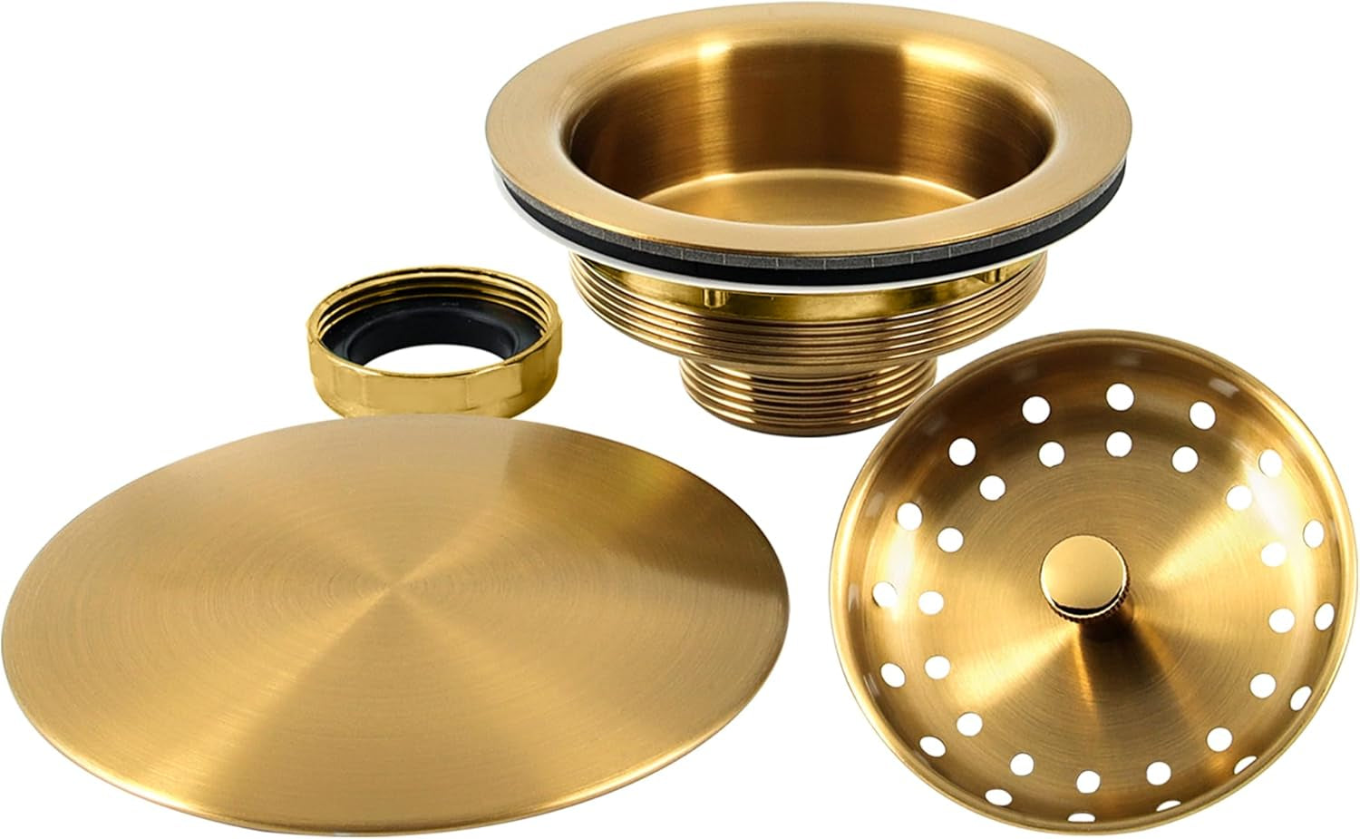 Kitchen Sink Drain Assembly, Sink Drain Basket Strainer, Stainless Steel Removable Sink Strainer Basket and Stopper with Decor Flat Cover 3-1/2-Inches (Brushed Gold with Cover)