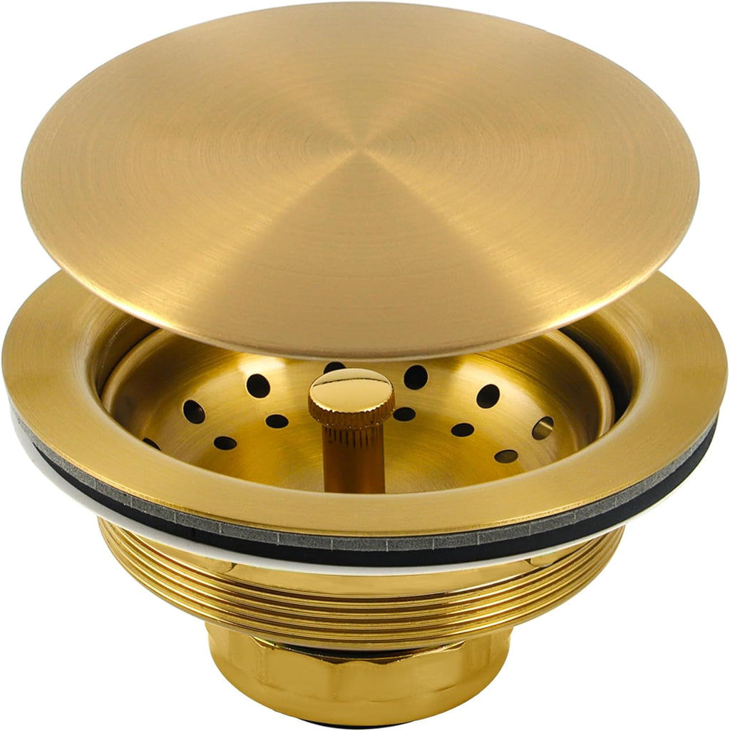 Kitchen Sink Drain Assembly, Sink Drain Basket Strainer, Stainless Steel Removable Sink Strainer Basket and Stopper with Decor Flat Cover 3-1/2-Inches (Brushed Gold with Cover)