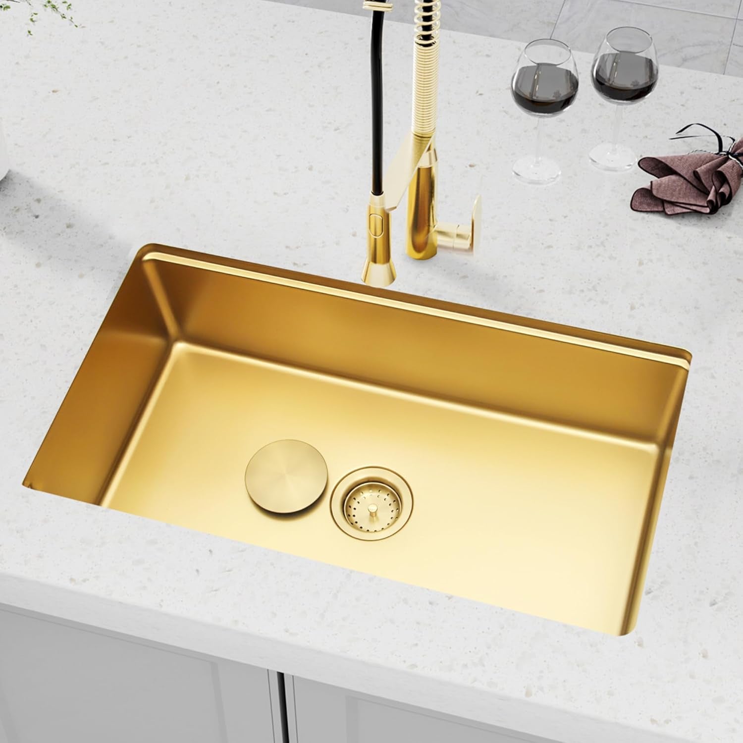 Kitchen Sink Drain Assembly, Sink Drain Basket Strainer, Stainless Steel Removable Sink Strainer Basket and Stopper with Decor Flat Cover 3-1/2-Inches (Brushed Gold with Cover)