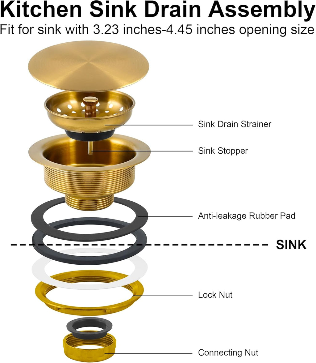 Kitchen Sink Drain Assembly, Sink Drain Basket Strainer, Stainless Steel Removable Sink Strainer Basket and Stopper with Decor Flat Cover 3-1/2-Inches (Brushed Gold with Cover)